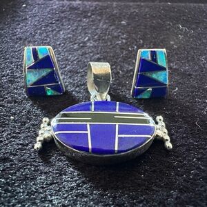 Lapis and Onyx Pendant with Lapis and Turquoise Earrings. Sterling